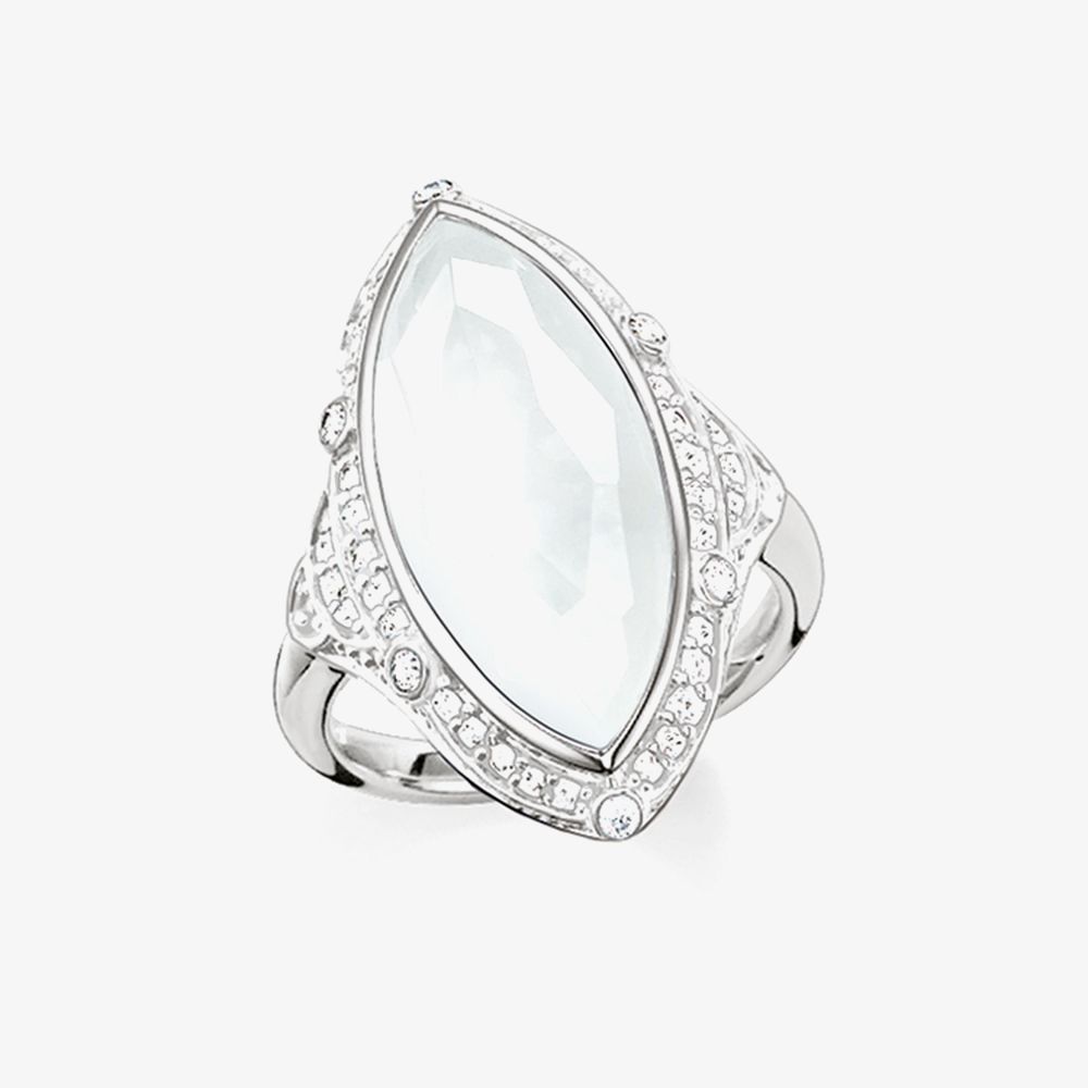 Thomas Sabo Sterling Silver Milky Quartz & Cubic Zirconia Marquise Ring Size56 TR2041-690-14-56