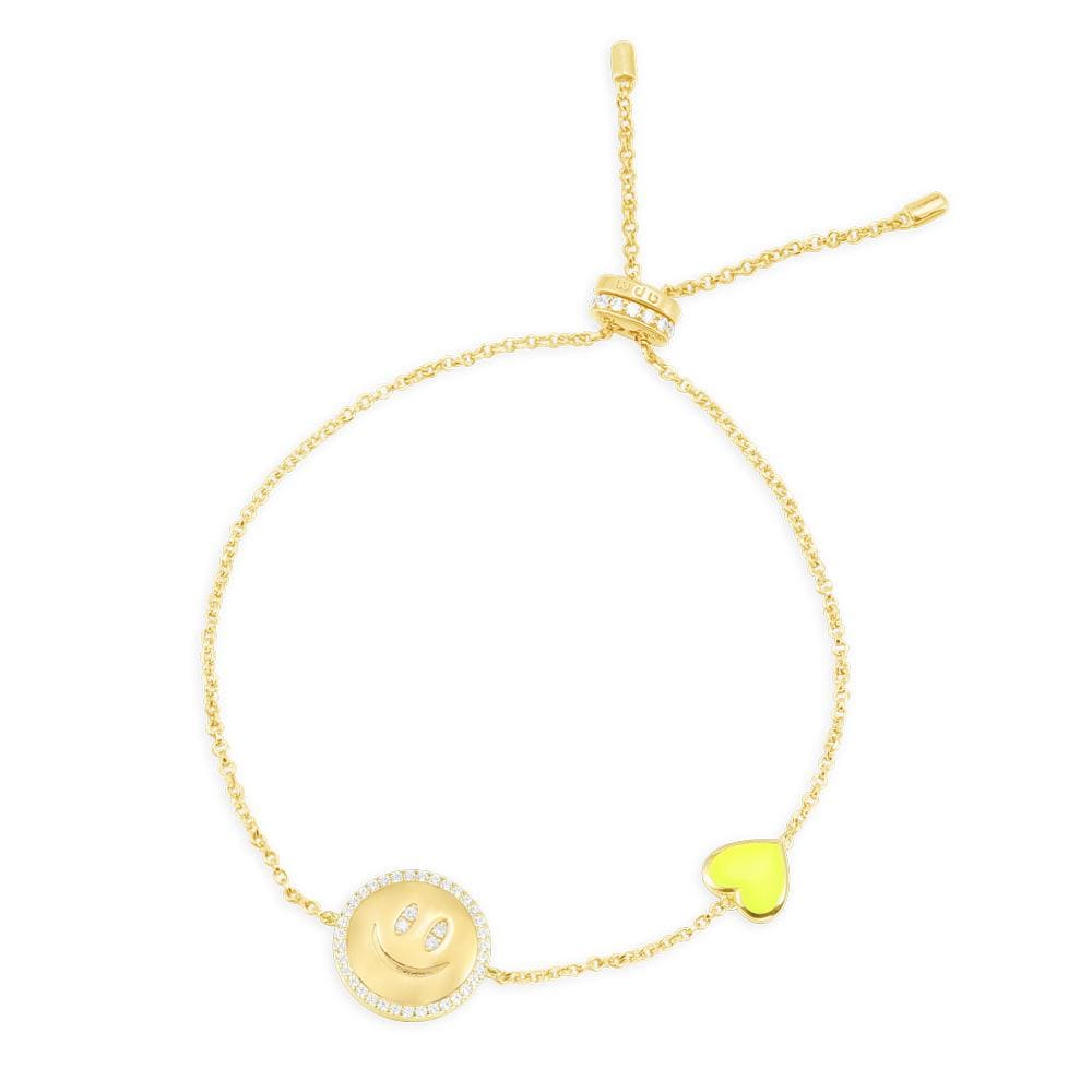 APM Neon Yellow Heart & Happy Face Adjustable Bracelet AB4394XFYY