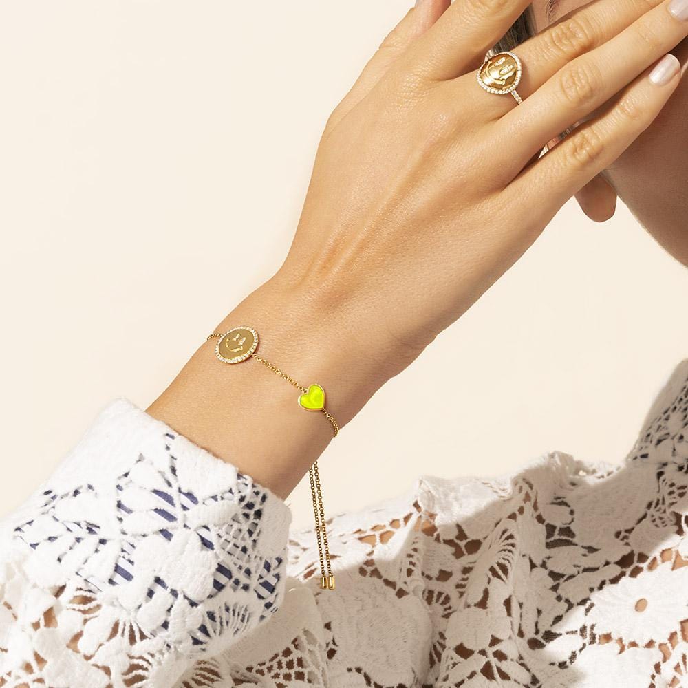 APM Neon Yellow Heart & Happy Face Adjustable Bracelet AB4394XFYY