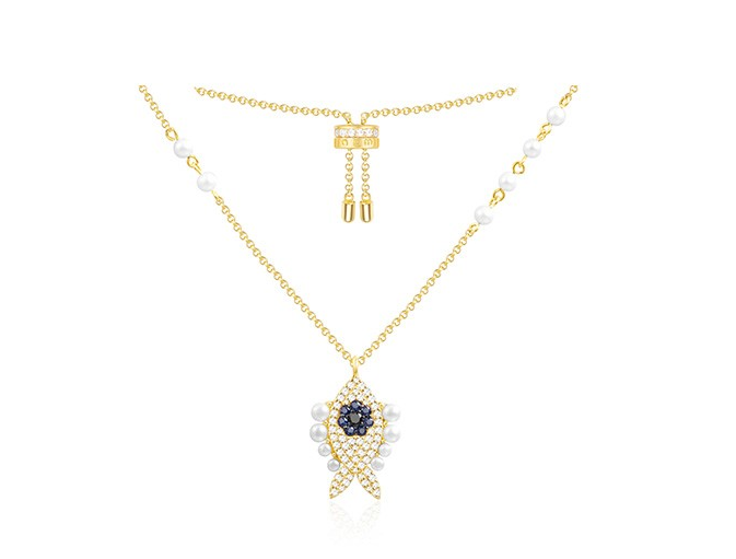 APM Adjustable ETE Lucky Fish Pearl Necklace Silver Gold Plated AC4676MY