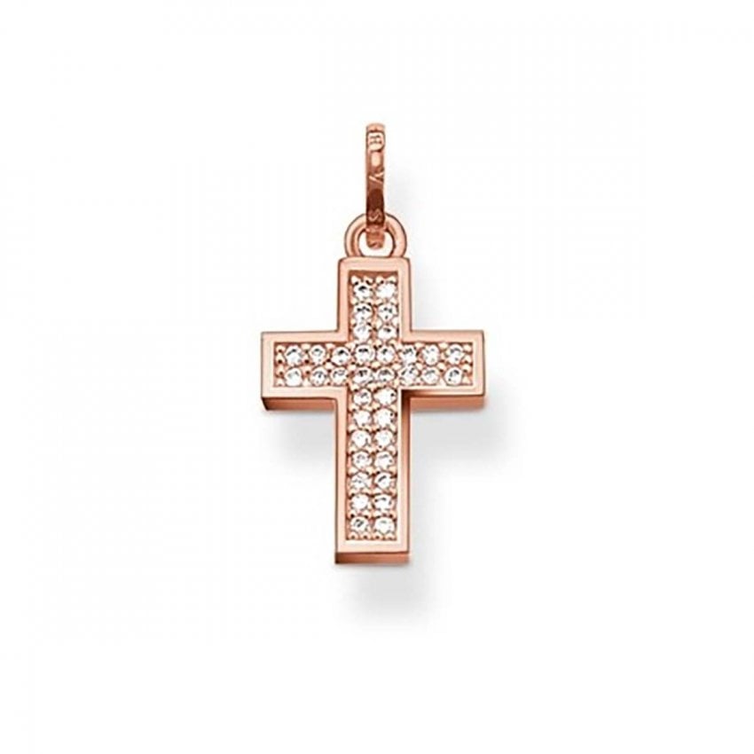 Thomas Sabo Glam And Soul Sterling Silver Cubic Zirconia Rose Gold Plated Cross Pendant PE638-416-14