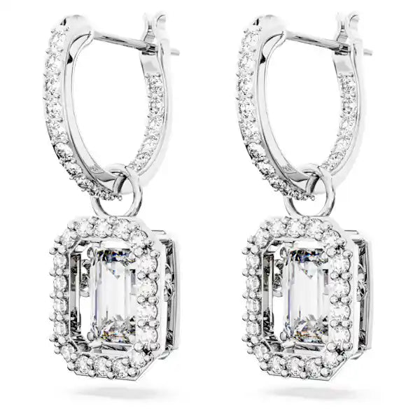Swarovski Una drop earrings Octagon cut, White, Rhodium plated 5638495