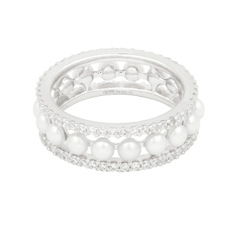 Double Paved Hoop Ring With Pearls - Silver A19868XPL