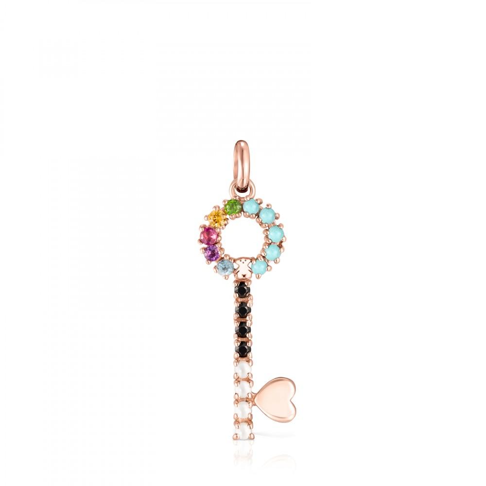 Tous Rose Gold Vermeil San Valentín key Pendant with Gemstones