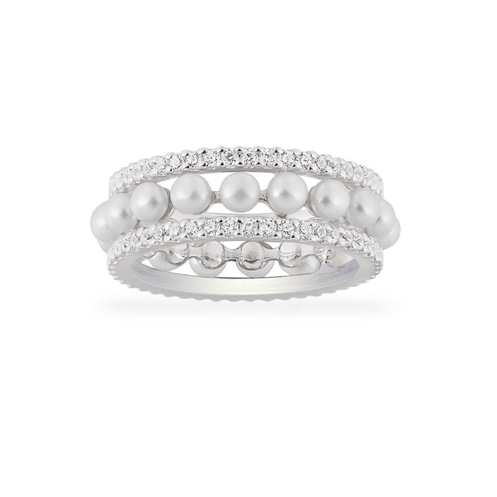 Double Paved Hoop Ring With Pearls - Silver A19868XPL