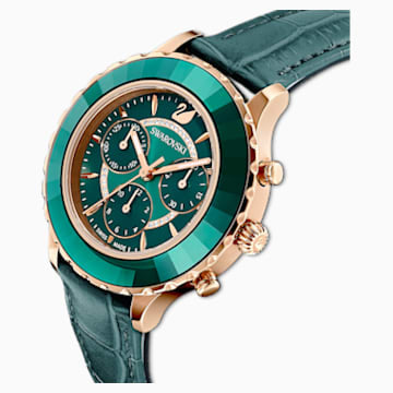 Swarovski Octea Lux Chrono Watch, Leather Strap, Green, Rose-gold tone PVD 5452498