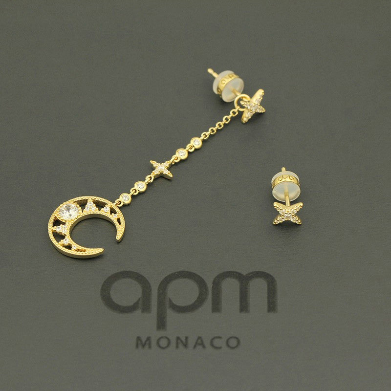 APM Asymmetric Star & Moon Yellow Silver Earrings AE12342OXY