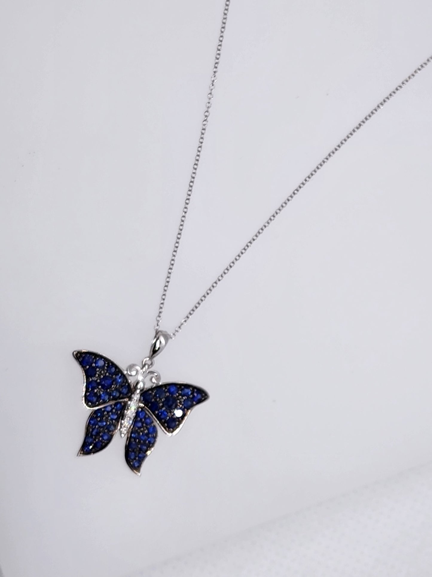 10K White Gold Blue Sapphire Diamond Butterfly Pendant 20149