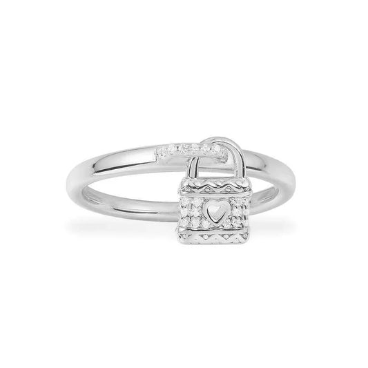 APM Valentine Paved Heart Lock Charm Ring - White Silver A20805OX