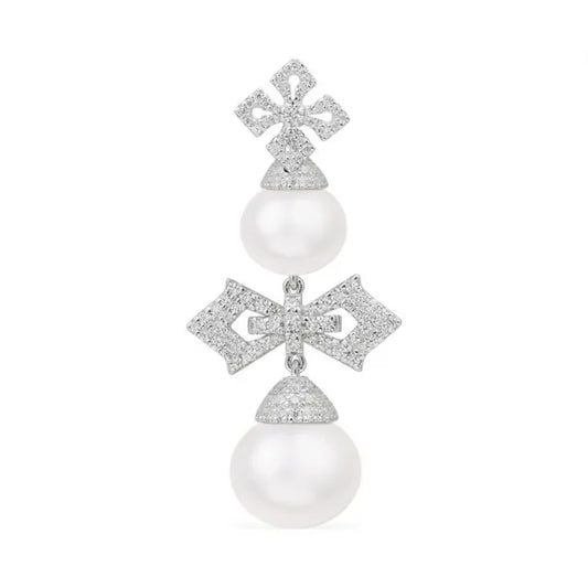 APM Single Cross Earring with Dangling Pearl - Silver AE12656XPL