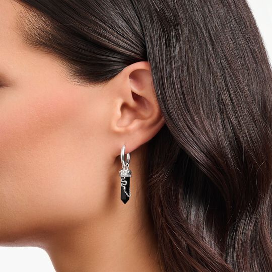 Thomas Sabo Sterling Silver Hoop Earrings With Onyx In Hexagon-Shape And Small Chain CR722-641-11