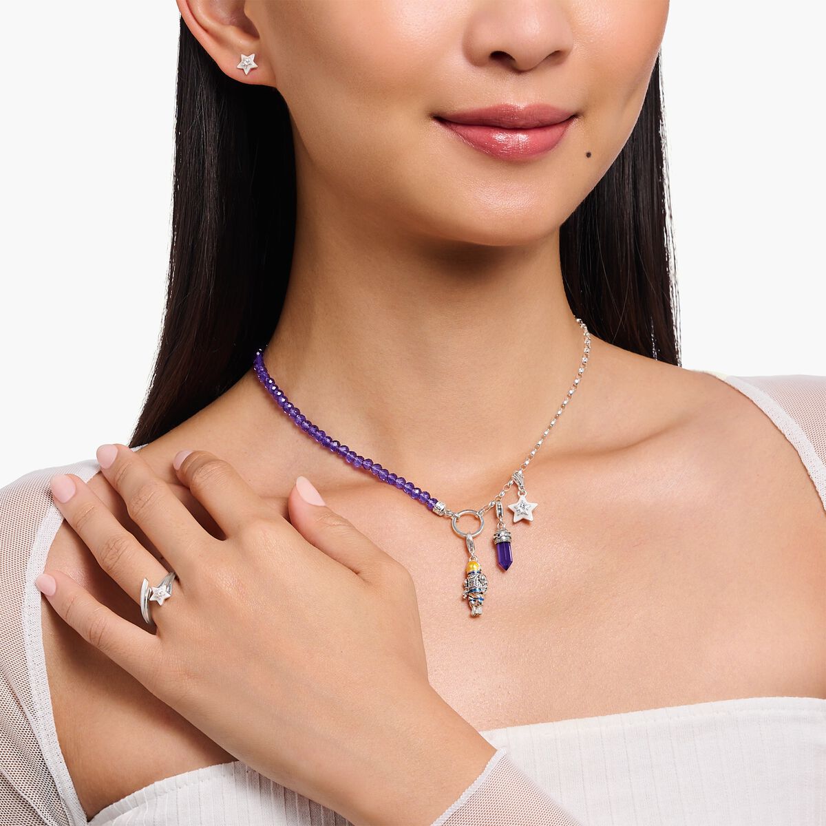 Thomas Sabo Silver Charm necklace with violet imitation amethyst beads KE2190-007-13-L45V