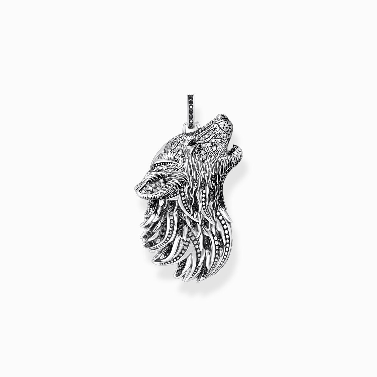 Thomas Sabo Sterling Silver Blackened Pendant Howling Wolf with Stones PE966-643-21