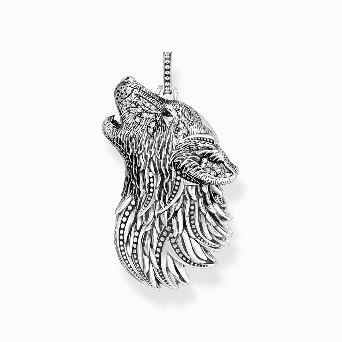 Thomas Sabo Sterling Silver Blackened Pendant Howling Wolf with Stones PE966-643-21