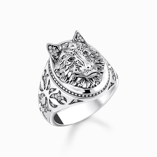 Thomas Sabo Silver blackend signet ring wolf's face with stones TR2452-643-21, Size60