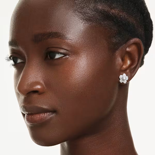 Ariana Grande x Swarovski stud earrings Crystal pearl, Round cut, Flower, White, Rhodium plated 5756098
