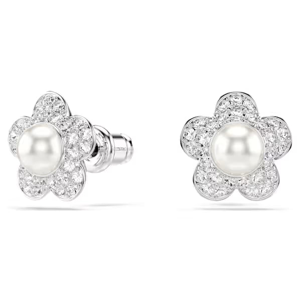 Ariana Grande x Swarovski stud earrings Crystal pearl, Round cut, Flower, White, Rhodium plated 5756098