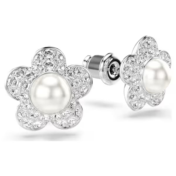 Ariana Grande x Swarovski stud earrings Crystal pearl, Round cut, Flower, White, Rhodium plated 5756098