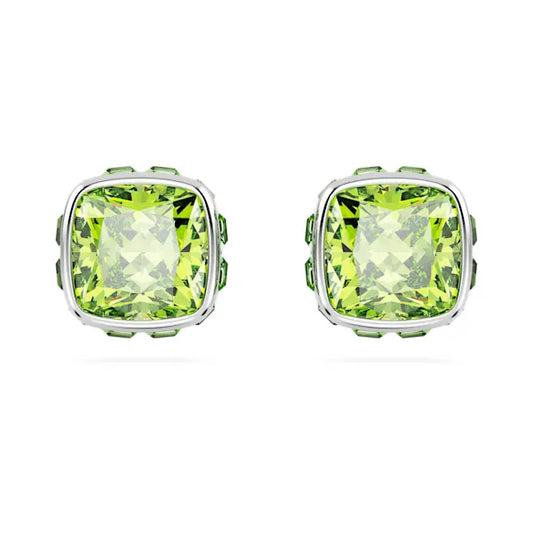 Swarovski Birthstone stud earrings Square cut, August, Green, Rhodium plated 5661958