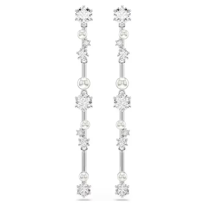 Swarovski Constella Drop Earrings Crystal Pearl, Round Cuts, White, Rhodium Plated 5705614