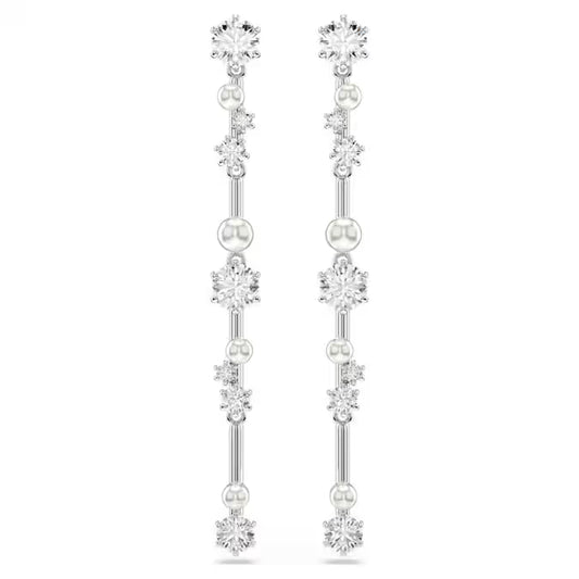 Swarovski Constella Drop Earrings Crystal Pearl, Round Cuts, White, Rhodium Plated 5705614