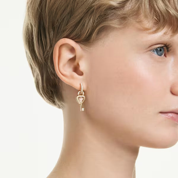 Swarovski Idyllia Drop Earrings with Ear Cuff Mixed Cuts, Heart with Key, Pink, 18k Gold-Plated Finish 5737294
