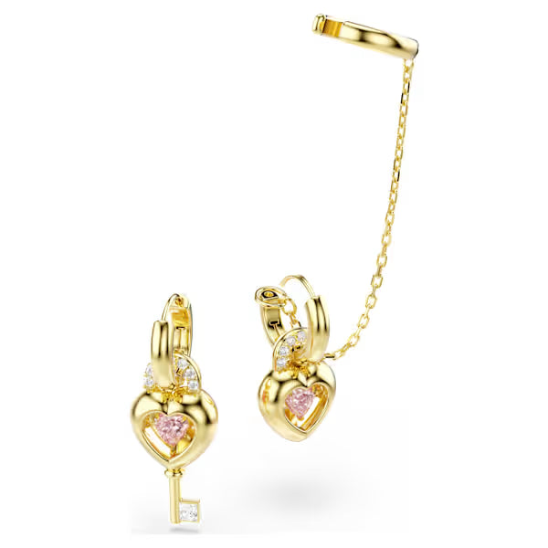 Swarovski Idyllia Drop Earrings with Ear Cuff Mixed Cuts, Heart with Key, Pink, 18k Gold-Plated Finish 5737294