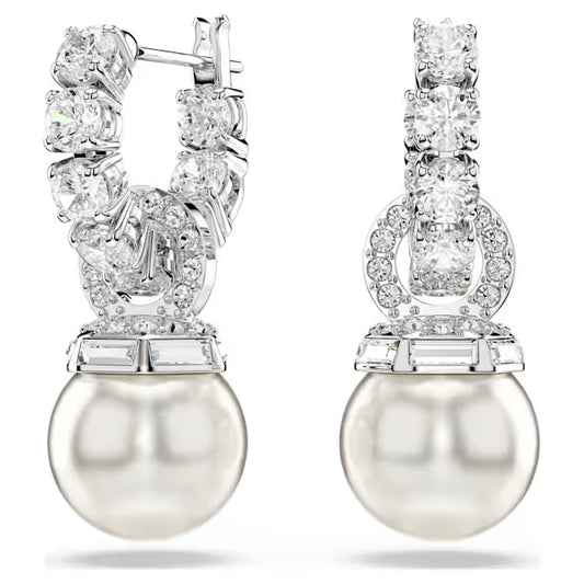 Swarovski Matrix Drop Earrings Crystal Pearl, Round Cut, White, Rhodium Plated 5691716