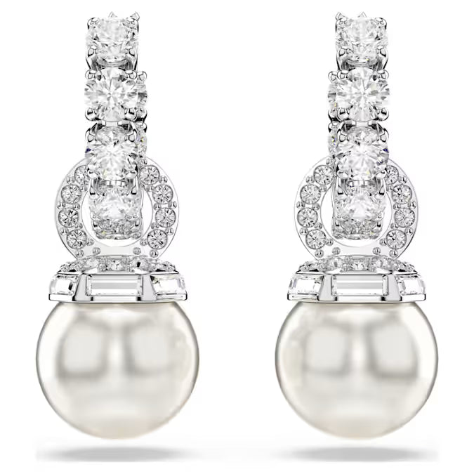 Swarovski Matrix Drop Earrings Crystal Pearl, Round Cut, White, Rhodium Plated 5691716