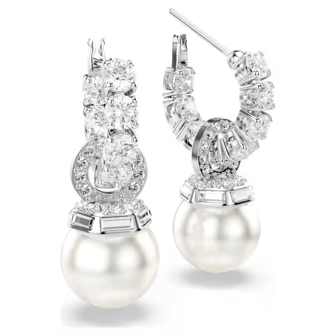 Swarovski Matrix Drop Earrings Crystal Pearl, Round Cut, White, Rhodium Plated 5691716