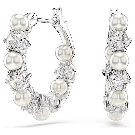 Swarovski Matrix hoop earrings Crystal pearl, Round cut, White, Rhodium plated 5709256