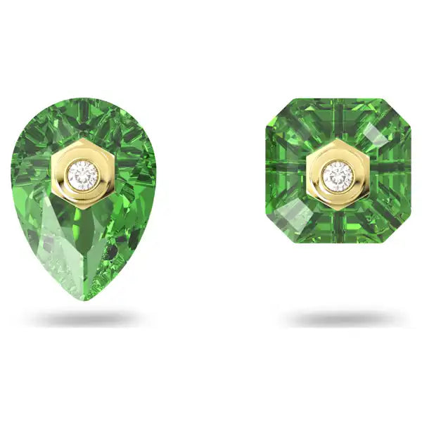 Swarovski Numina stud earrings Asymmetrical design, Mixed cuts, Green, Gold-tone plated 5615529