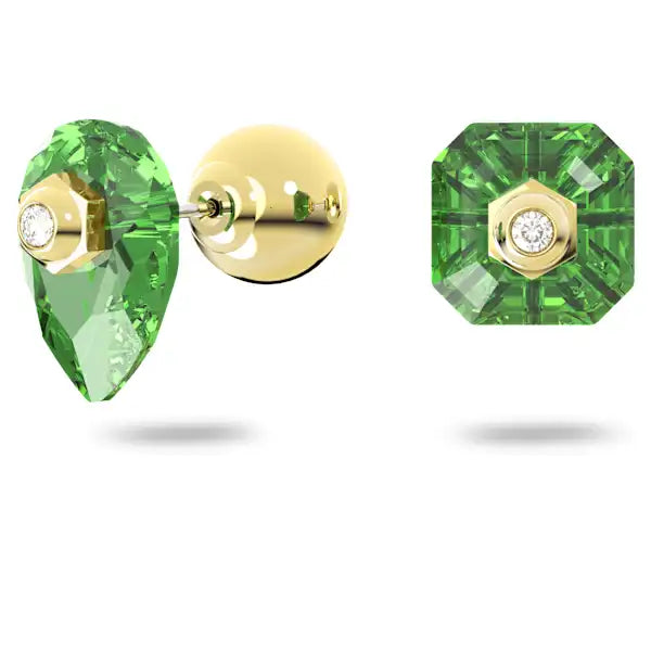 Swarovski Numina stud earrings Asymmetrical design, Mixed cuts, Green, Gold-tone plated 5615529