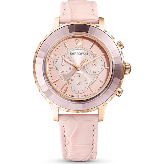 Swarovski Octea Lux Chrono watch, Leather strap, Pink, Rose-gold tone PVD 5452501