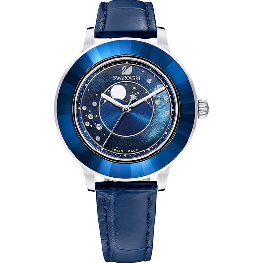 Swarovski Octea Lux watch, Moon, Leather strap, Blue, Stainless steel 5516305