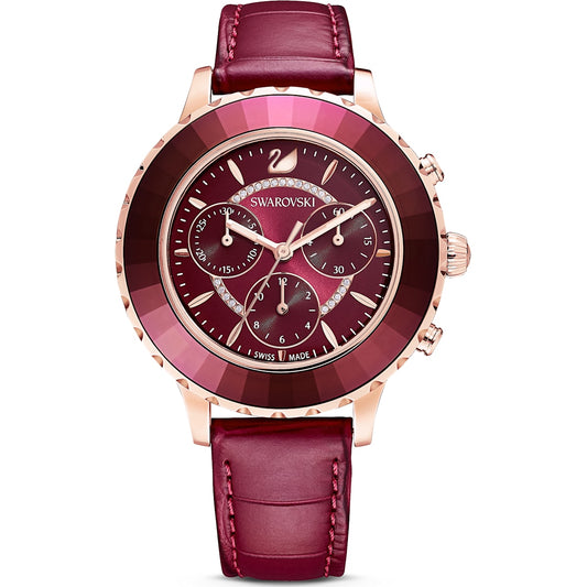 Swarovski Octea Lux Chrono watch, Leather strap, Red, Rose-gold tone PVD 5547642