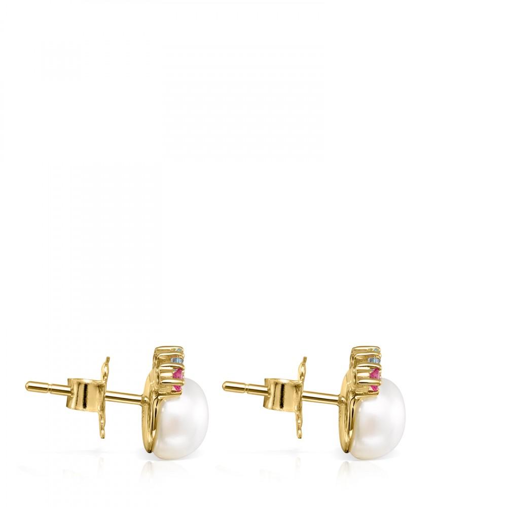 Tous Gold Real Sisy Earrings with small Pearl and Gemstones 812453020