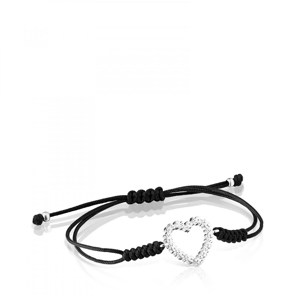 Tous Silver San Valentín heart Bracelet with black Cord 915301540