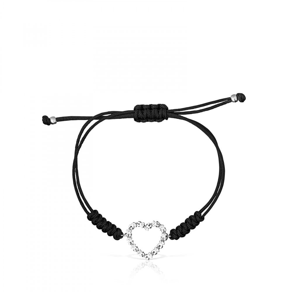 Tous Silver San Valent n heart Bracelet with black Cord 915301540