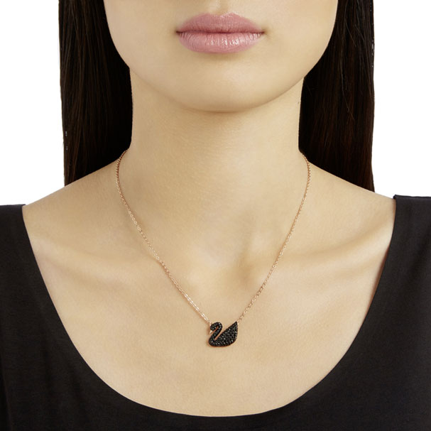 Swarovski Iconic Swan Small Black Crystal Rose Gold Pendant Necklace