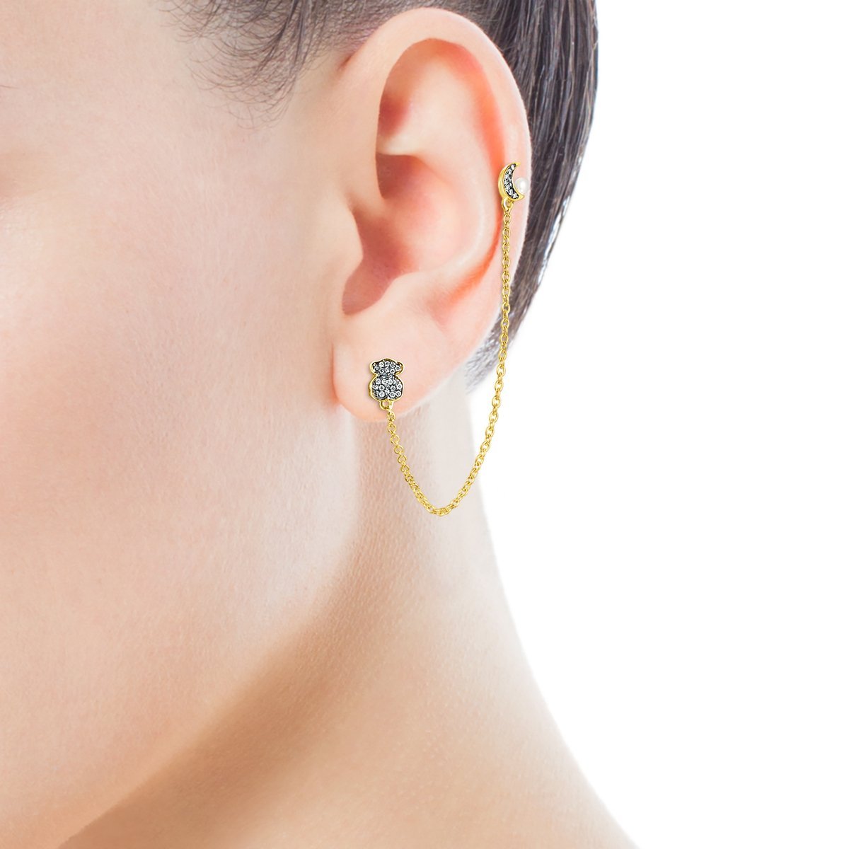 Tous Nocturne double 1/2 Earring in Gold Vermeil with Diamonds and Pea –